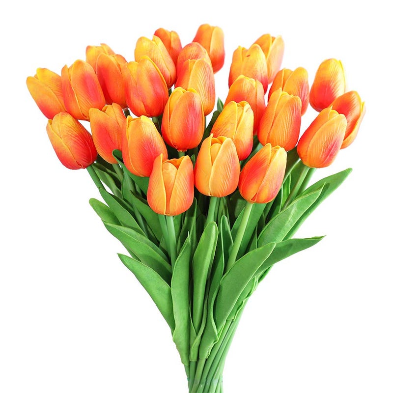 Kisflower 30Pcs Latex Tulips Real Touch Red and Yellow Artificial Flowers Fake Tulips Arrangement Bouquet for Home Office Wedding Decor (Red and Yellow) - Image 1